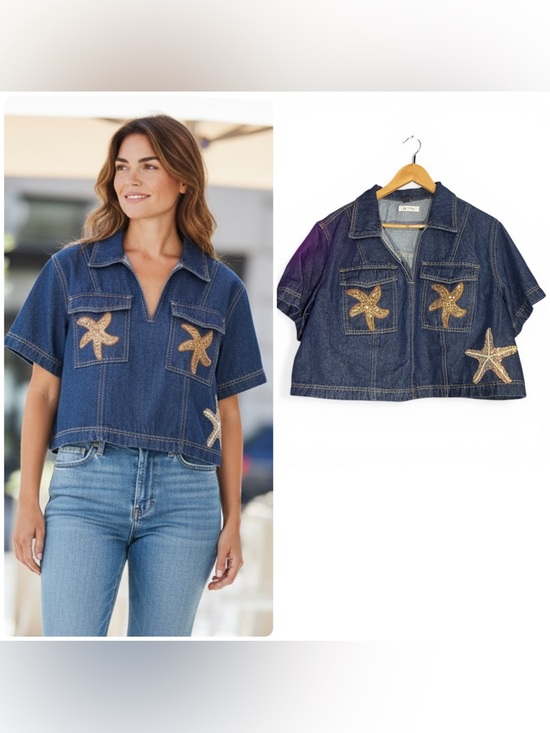 Design by Jenstylez Tops - Denim Crop Jacket with Gold Sequin Starfish Details design by Jenstylez
